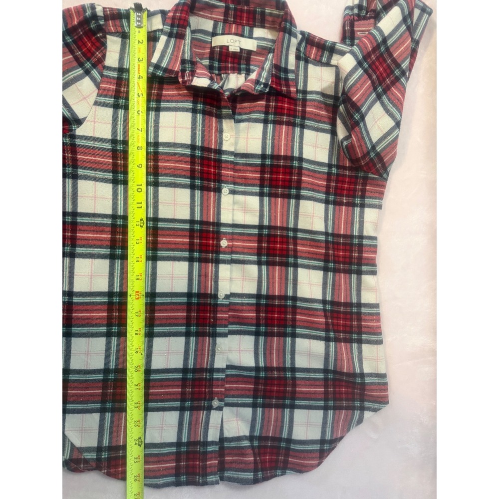 LOFT Red Navy White Metallic Plaid Flannel Button Down Shirt Small - Picture 6 of 6